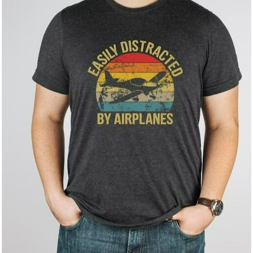 Gildan SoftStyle Easily Distracted By Airplanes Gray Shirt Size XL
